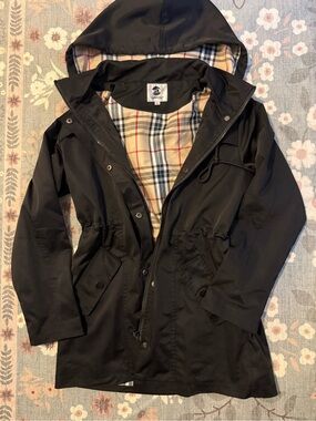 Black Hooded Trench Coat with Plaid Lining